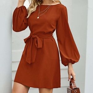 Boat Neck Bishop Sleeve Belted Dress Brown Orange